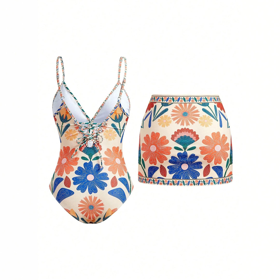 Women's Floral Pattern Swimsuit with Matching Skirt Mune Fashion