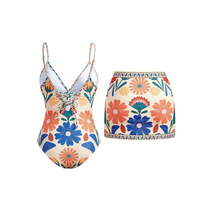 Women's Floral Pattern Swimsuit with Matching Skirt Mune Fashion