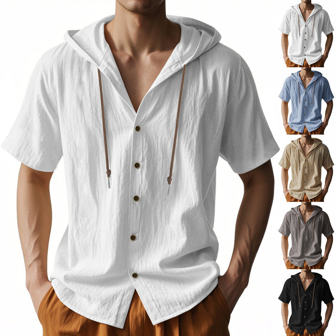 Men's short-sleeve hooded shirt with natural fiber texture, button-up front, and drawstring Mune Fashion
