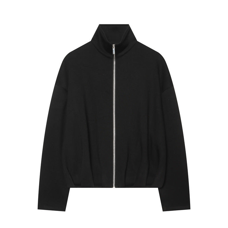 Women Boxy Cropped Stand Collar Cardigan with Full Zip and Dropped Shoulder Mune Fashion