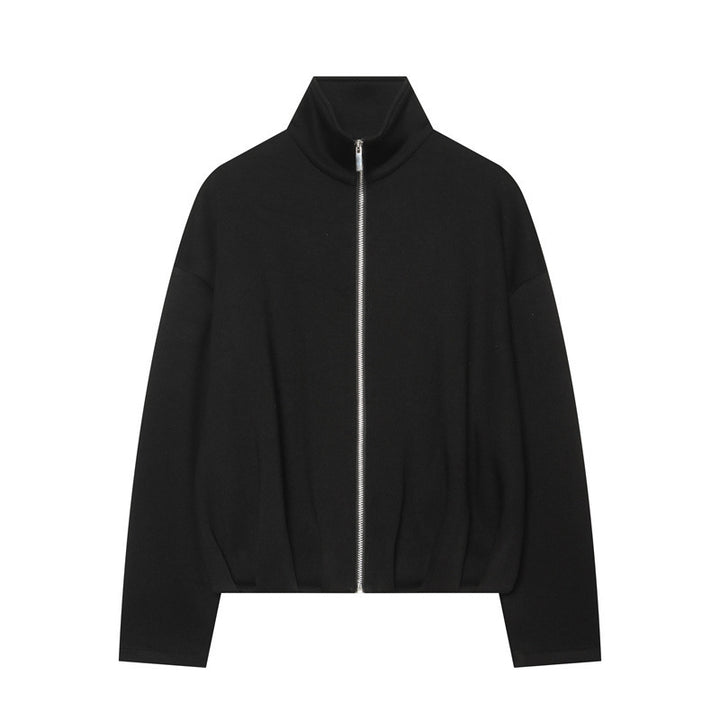 Women Boxy Cropped Stand Collar Cardigan with Full Zip and Dropped Shoulder Mune Fashion