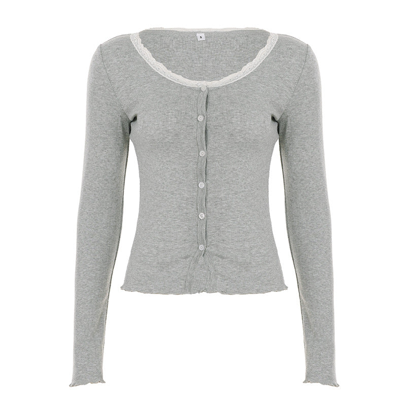 Women nan finer short cardigan with button placket, lace collar, and wavy hem Mune Fashion
