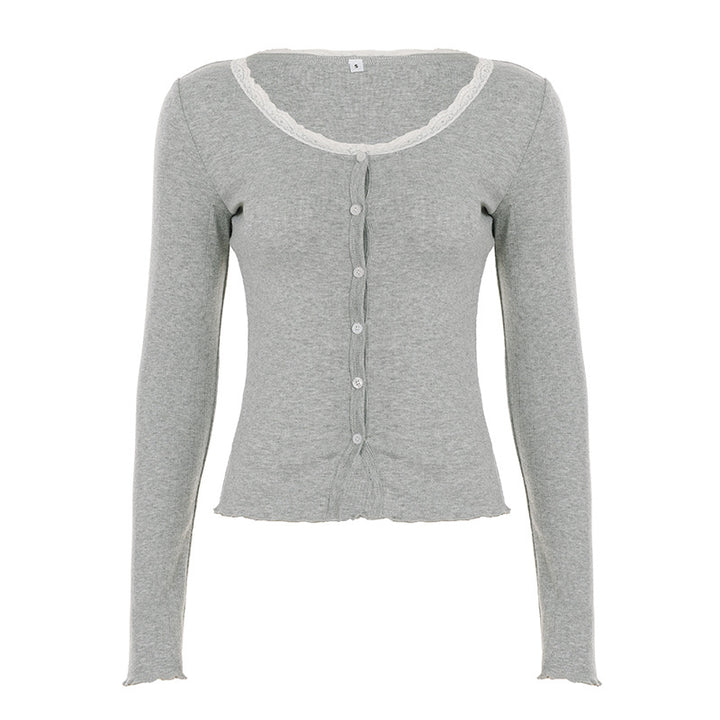 Women nan finer short cardigan with button placket, lace collar, and wavy hem Mune Fashion