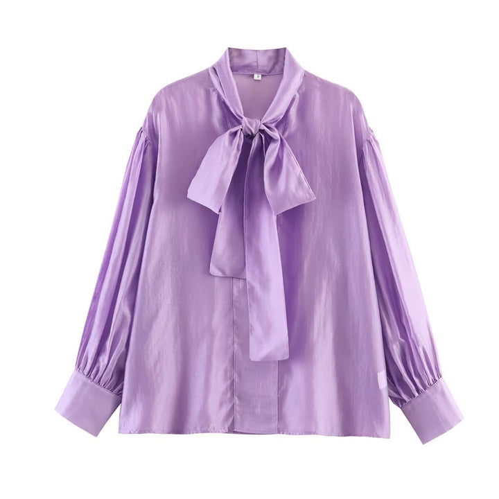 Women's tie blouse made of shiny satin with voluminous balloon sleeves Mune Fashion