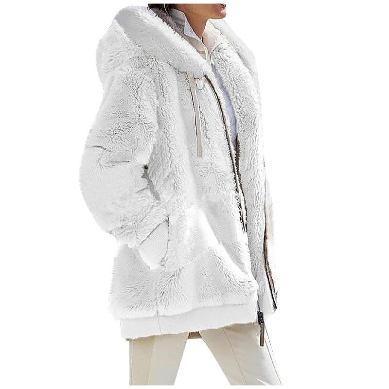 Ladies Cozy Teddy Hoodie Jacket with Contrast Trim, Zipper and Insert Pockets Mune Fashion