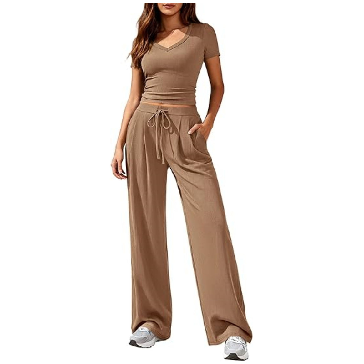 Ladies Casual Lounge Set with Tailored V-Neck Cropped Top and Loose Drawstring Pants Mune Fashion