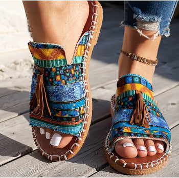 Ladies Ethno-slipper-sandals with tassel and hand-stitched decorative seam Mune Fashion