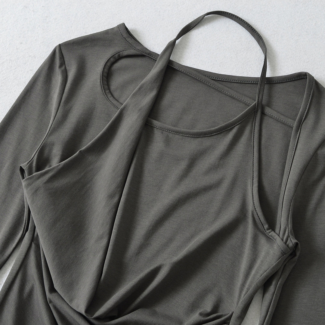 Women Fitted Long Sleeve Midi Dress with Asymmetrical Hem, Gathering and Halter Neck