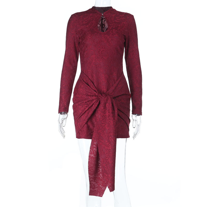 Women Tailored Jacquard Mini Dress with Draped Knot and Long Sleeve Mune Fashion