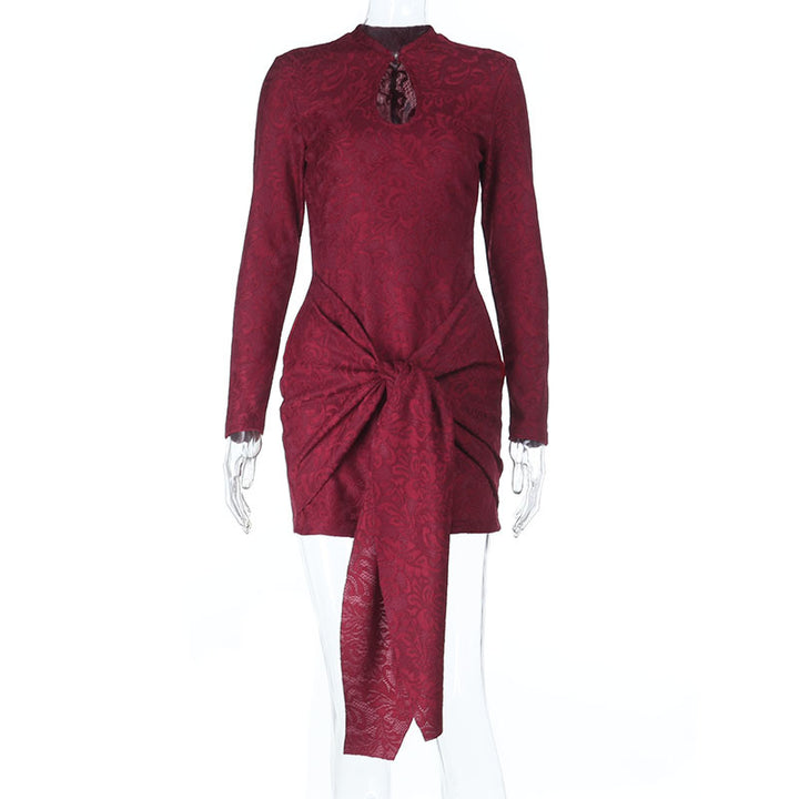 Women Tailored Jacquard Mini Dress with Draped Knot and Long Sleeve Mune Fashion