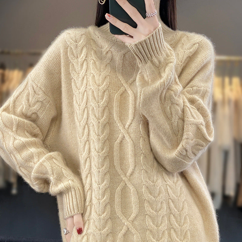 Women's Oversize Cable Knit Sweater with Mohair Look and Ribbed Cuffs Mune Fashion