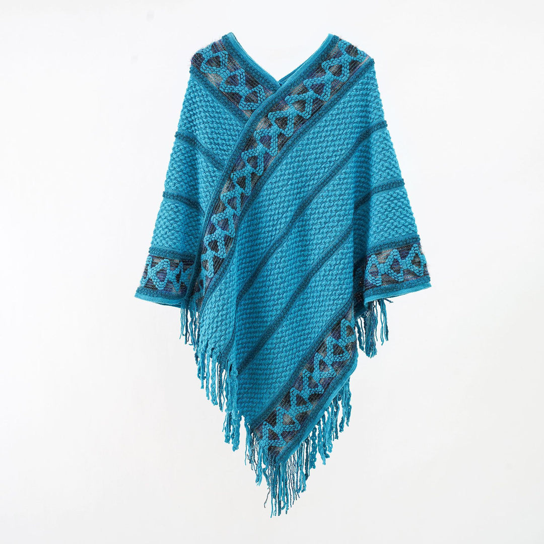 Women Oversized Knit Cape with Textured Waffle Knit Look and Cable Border Mune Fashion