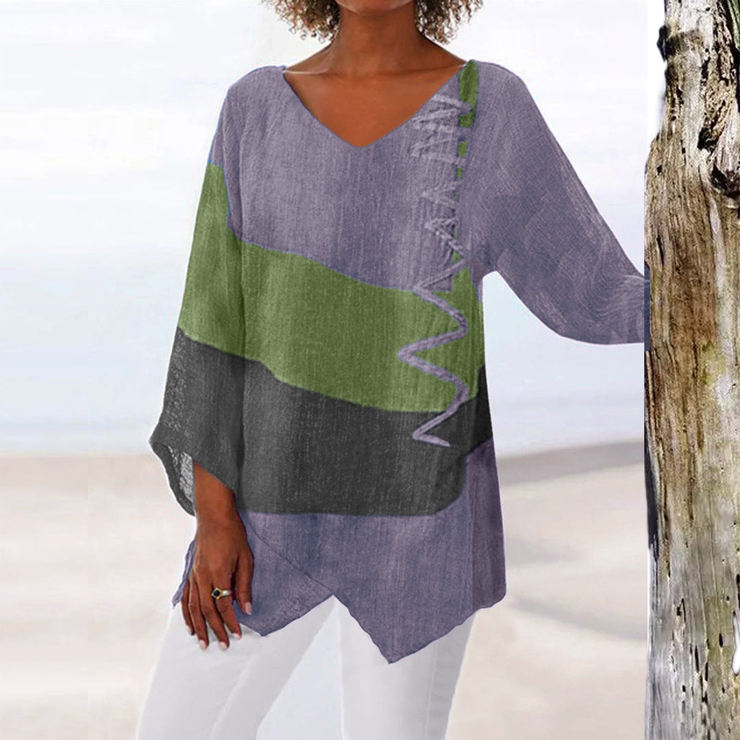 Women Casual A-Line Linen Look Tunic with Color Block Stripes and V-Neck Mune Fashion