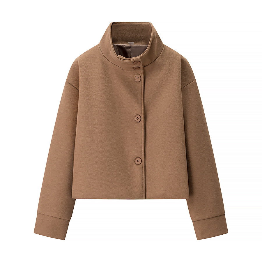 Women's Short Jacket Boxy Wool Blend with Stand-Up Collar, Oversized Sleeves and Button Placket Mune Fashion