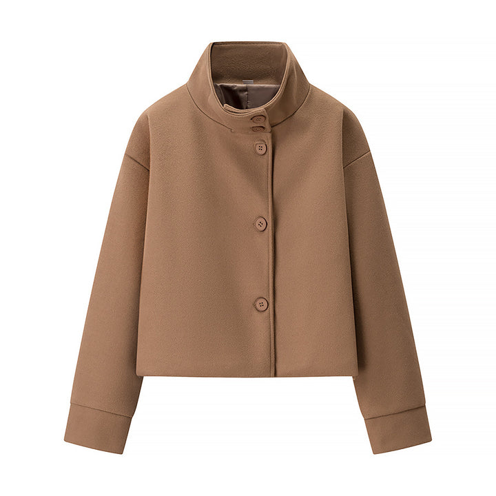 Women's Short Jacket Boxy Wool Blend with Stand-Up Collar, Oversized Sleeves and Button Placket Mune Fashion