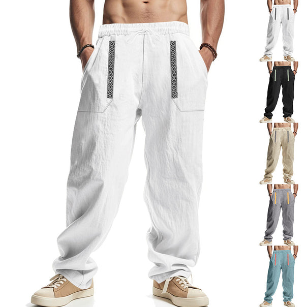 Men's loose-fitting casual pants made of linen blend with elastic waistband, deep side pockets, and ethnic decorative band Mune Fashion