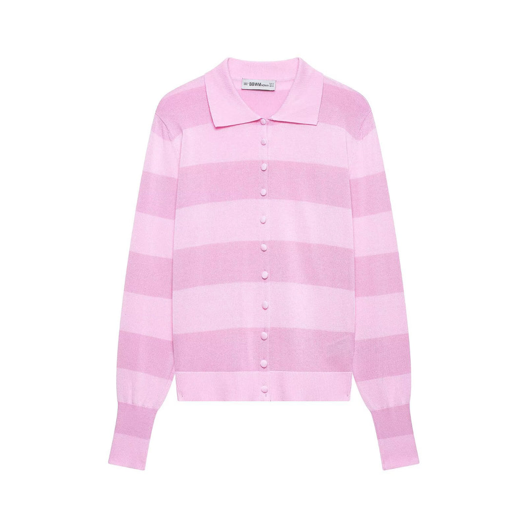 Women Striped Fine Knit Cardigan with Polo Collar and Covered Buttons Mune Fashion