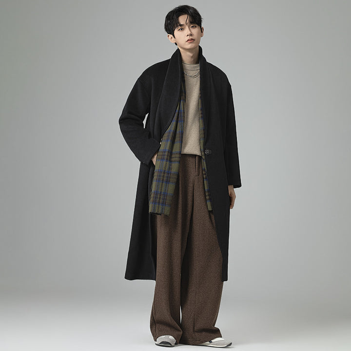 Men's maxi-length wool blend overcoat in oversized fit with wide shawl collar and decorative belt Mune Fashion