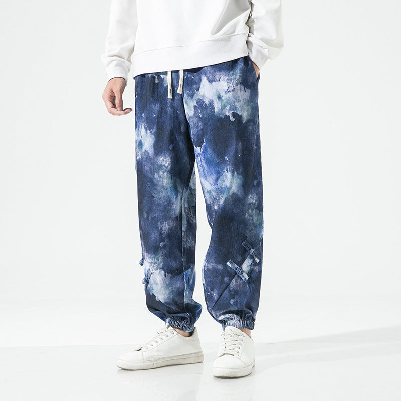 Men's Tie-Dye Baggy Jogging Pants with Drawstring, Elastic Cuffs and Decorative Straps Mune Fashion