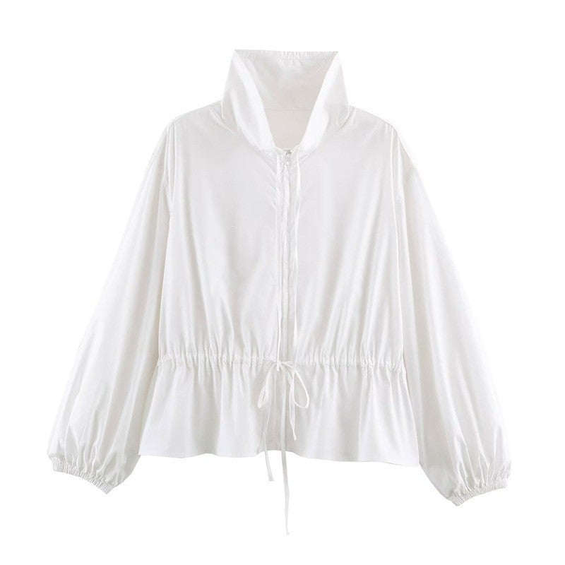 Women's lightweight adjustable windbreaker with stand-up collar, drawstring, and balloon sleeves Mune Fashion