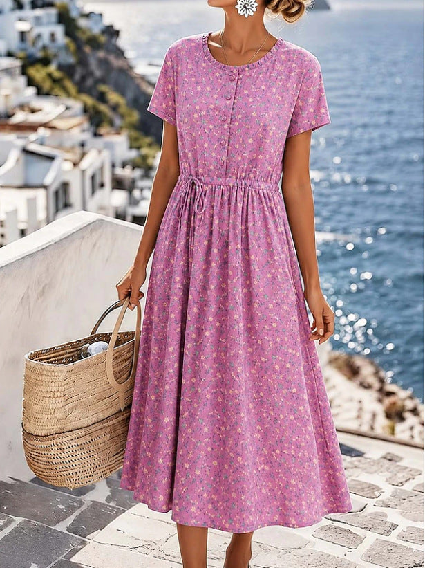 Ladies Midi Dress with Floral Allover Print, Drawstring Waistband and Button Placket Mune Fashion