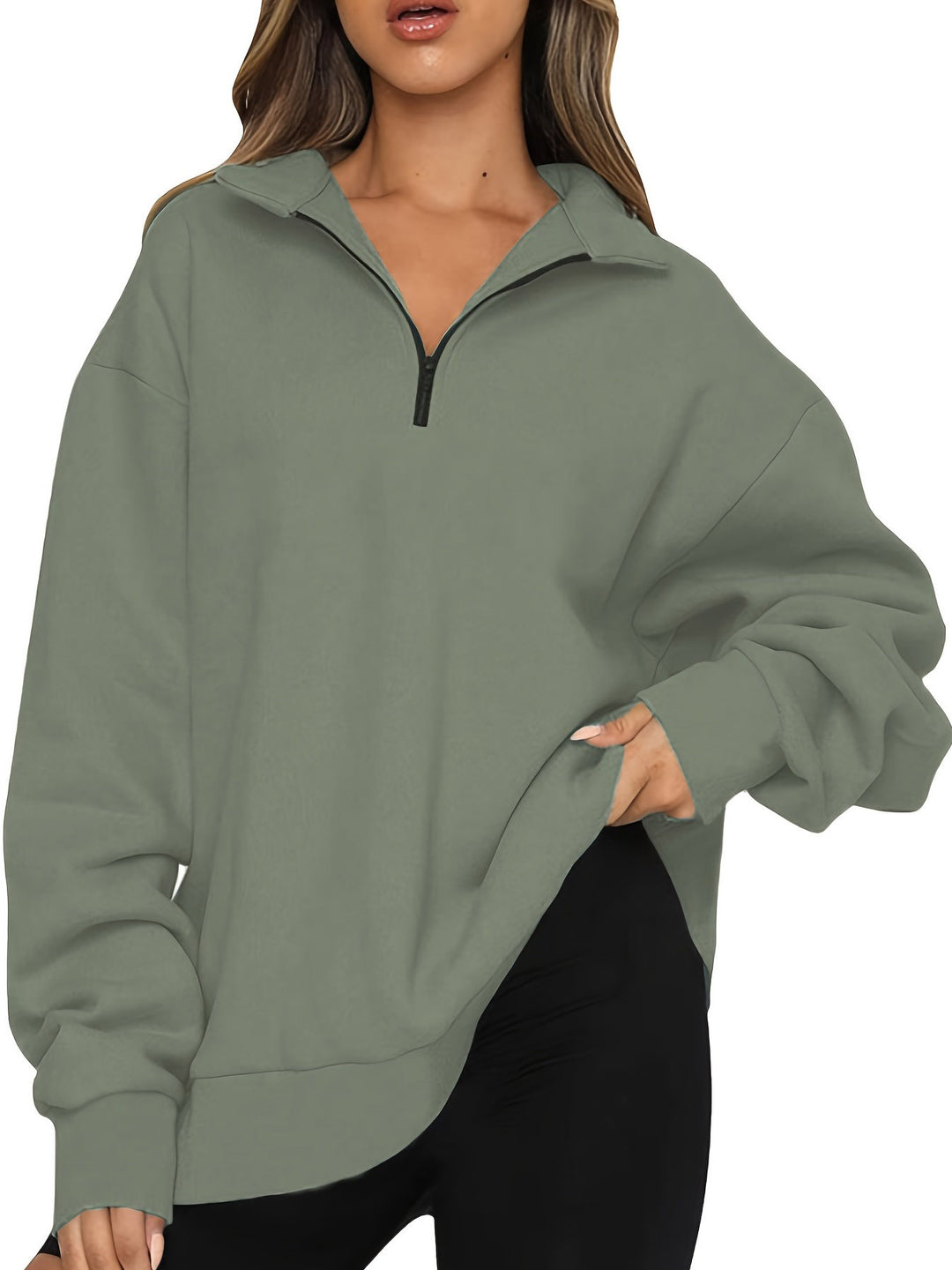 Women nan Oversized Sweatshirt with Short Zip, Stand-up Collar and Kangaroo Pocket Mune Fashion