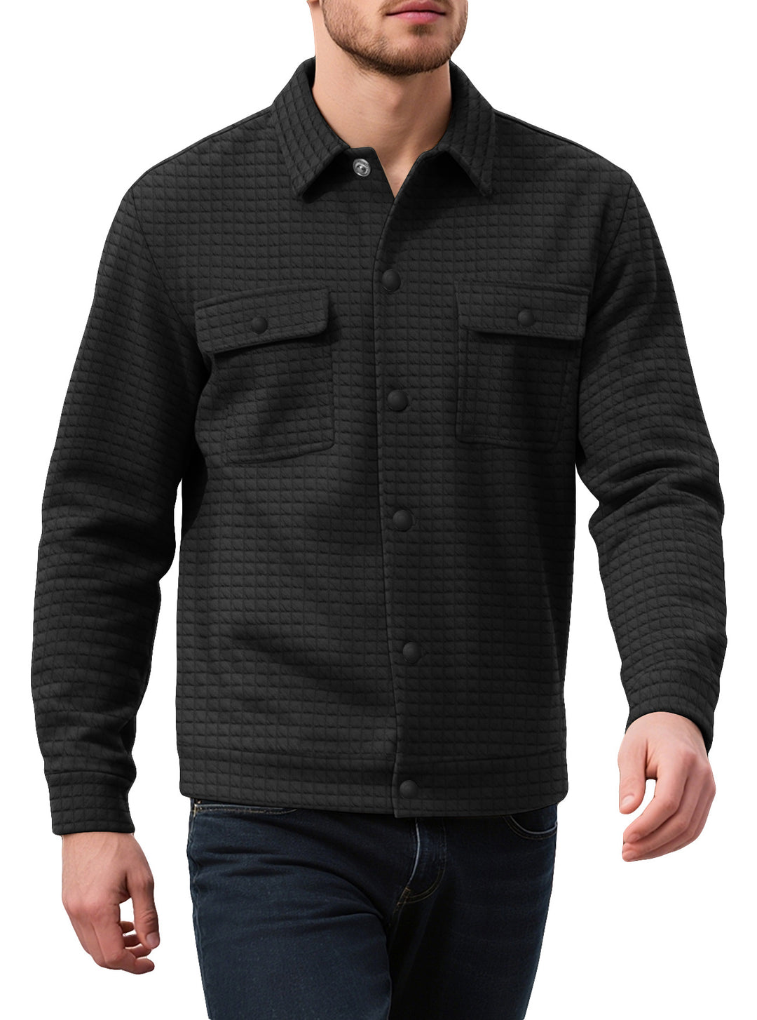 Men's quilted shirt jacket in overshirt style with snap button placket and applied chest flaps Mune Fashion