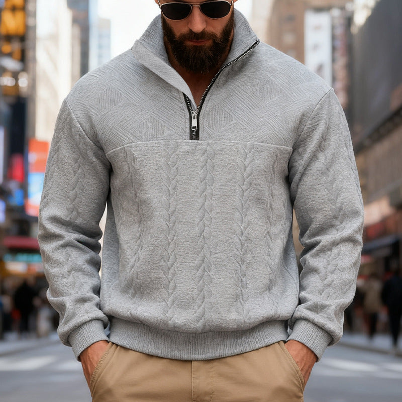 Men's textured half-zip knitted sweater with cable pattern and high stand-up collar Mune Fashion