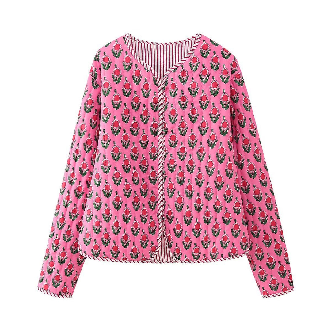 Women's Padded Quilted Blouse Jacket with Floral Allover Print and Contrast Piping Mune Fashion