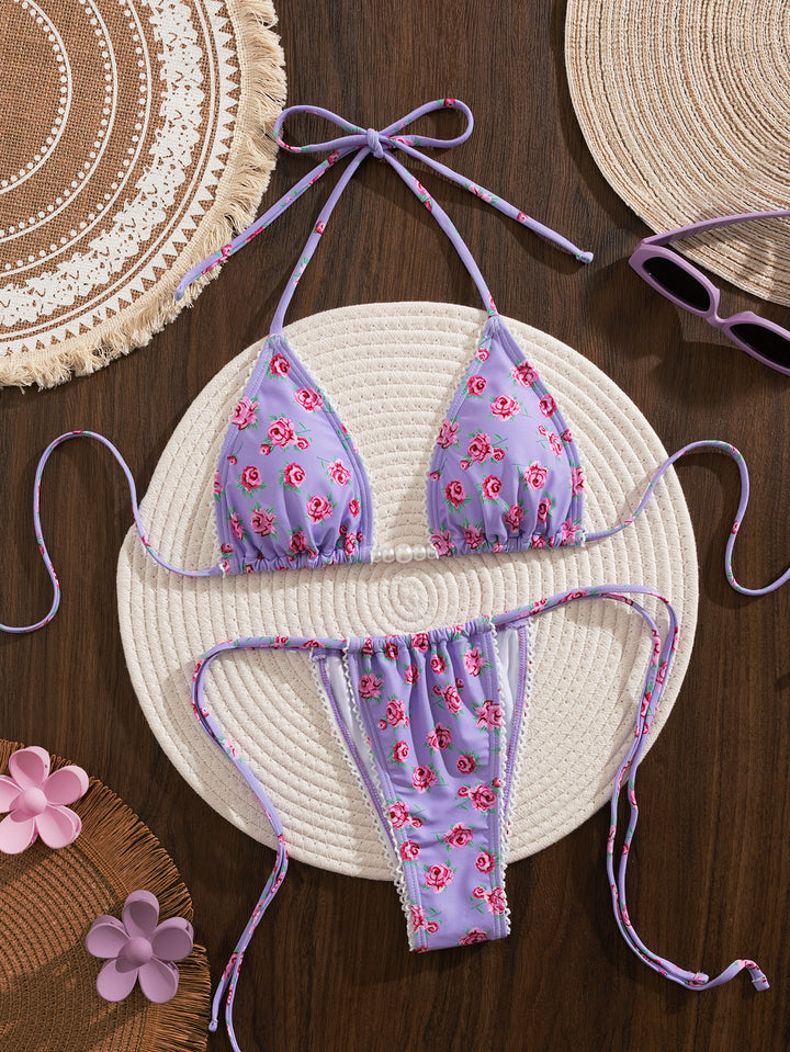 Women Triangle Bikini with Floral Print and Playful Ruffles Mune Fashion