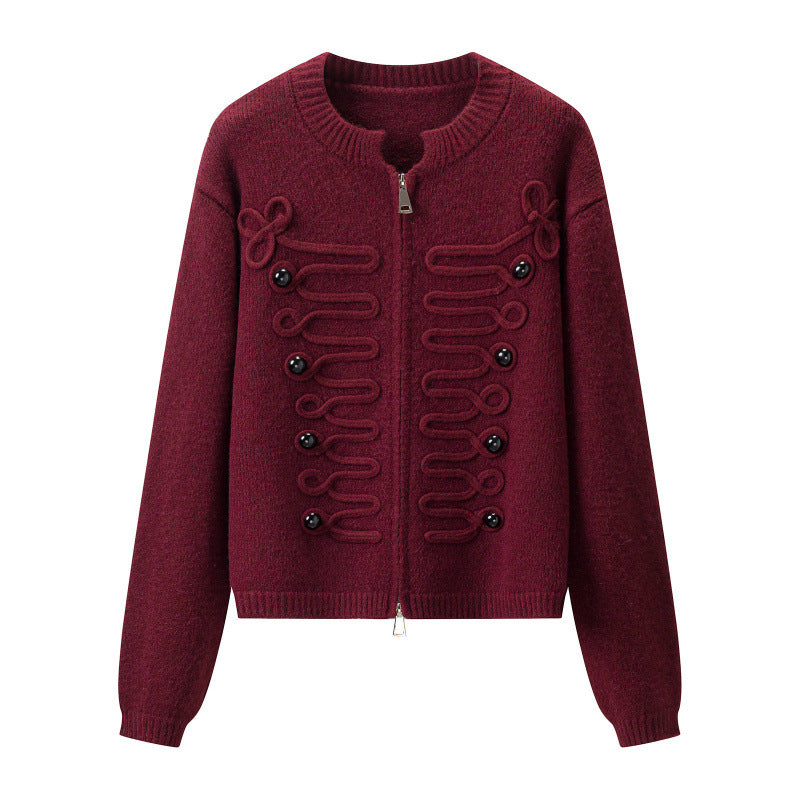 Women's short-cut knitted cardigan with decorative cord applications and two-way zipper Mune Fashion