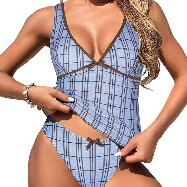 Women's swimsuit with fashionable V-neck and check pattern Mune Fashion