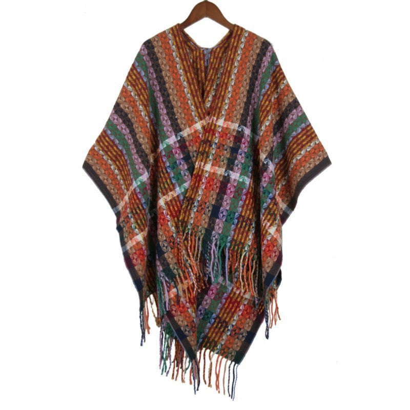 Women's Multicolored Woven Poncho in Boho Patchwork Design with Fringes Mune Fashion