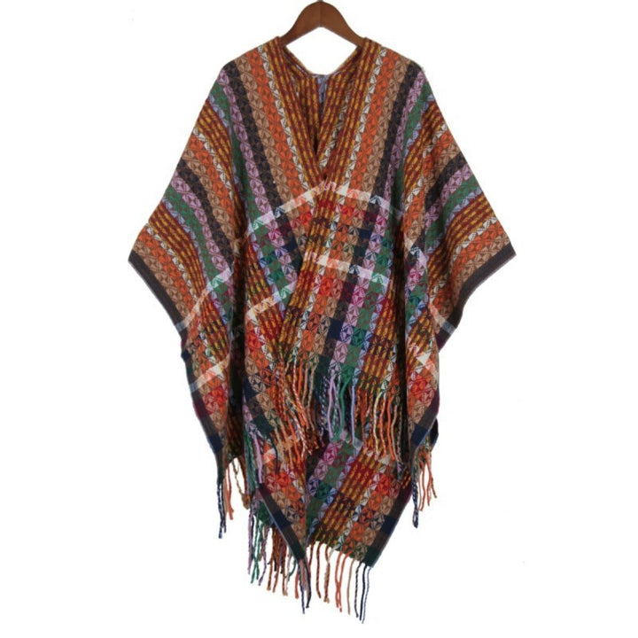Women's Multicolored Woven Poncho in Boho Patchwork Design with Fringes Mune Fashion
