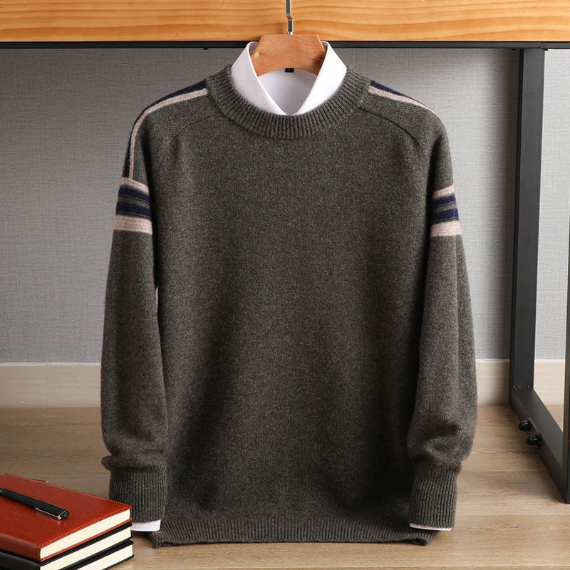 Men's Cashmere-Look Round Neck Sweater with Contrast Stripes on Shoulders and Relaxed Fit Mune Fashion