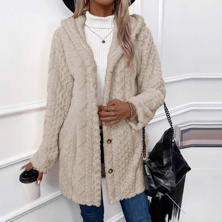 Ladies nan cozy teddy coat with hood, button placket and pockets Mune Fashion
