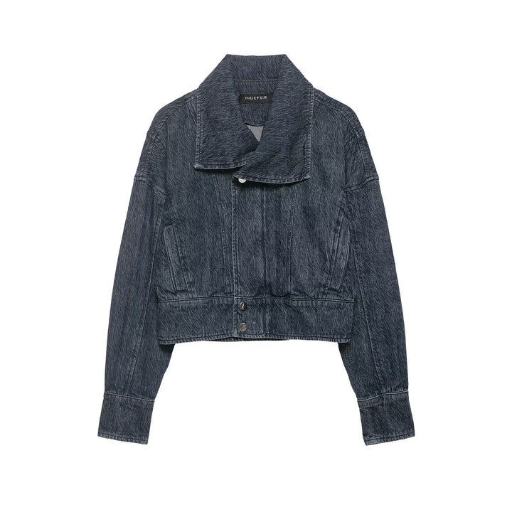 Women short-cut oversized jeans jacket with wide shawl collar Mune Fashion