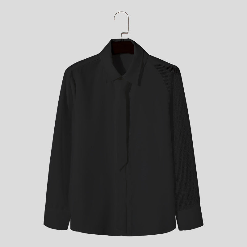 Women’s flowing blouse with attached bow, concealed button placket, and one-sided mesh sleeve detail Mune Fashion