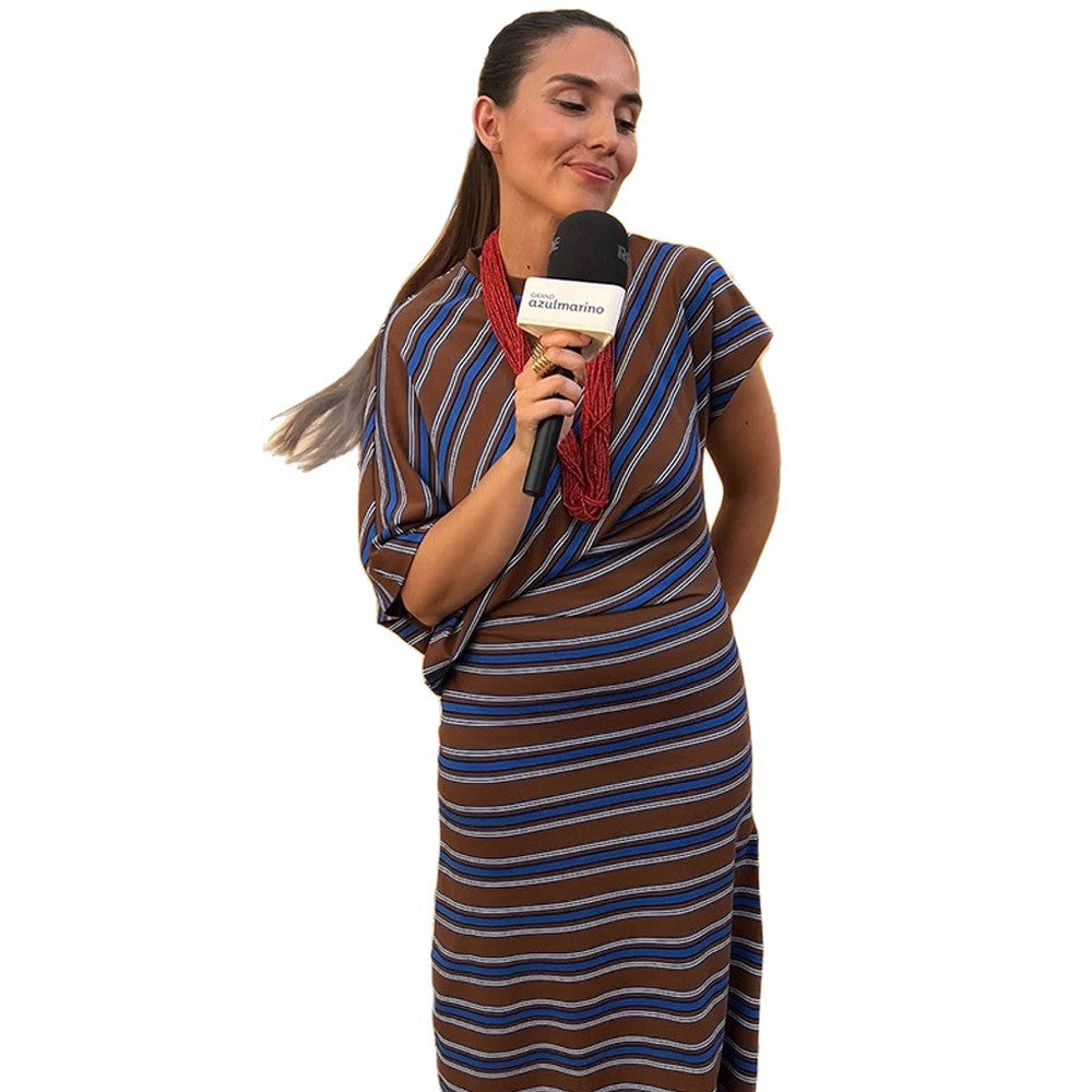 Women's Striped Maxi Dress with Asymmetrical Cape Sleeves & Tailored Silhouette Mune Fashion