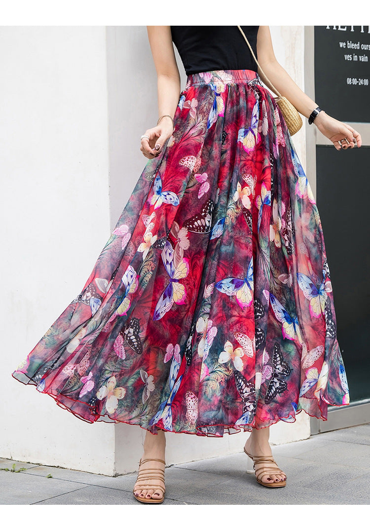 Women long pleated maxi skirt with floral summer print and elastic waistband Mune Fashion