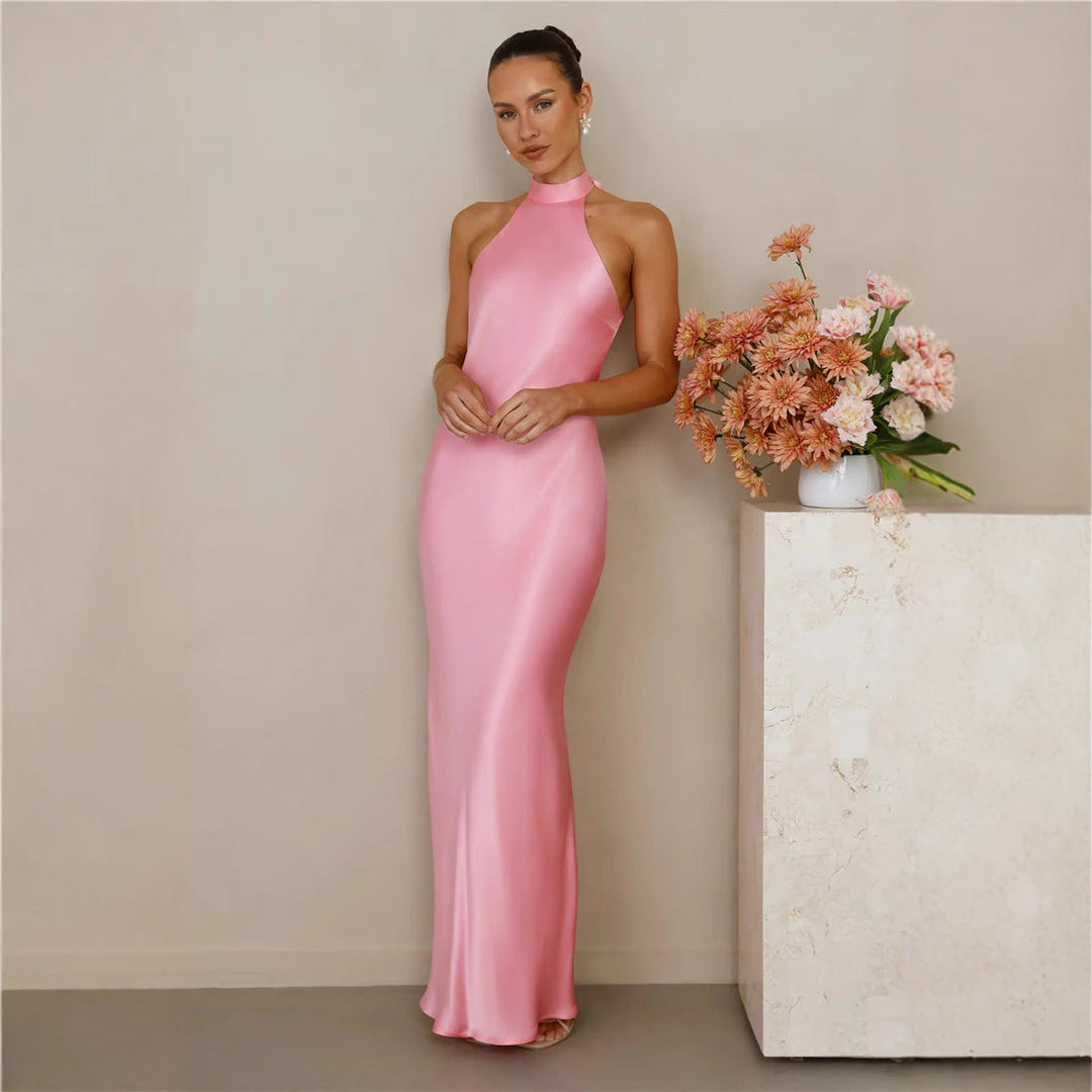 Women's Elegant Satin Maxi Dress with High Neck and Body-Hugging Cut Mune Fashion