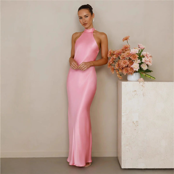 Women's Elegant Satin Maxi Dress with High Neck and Body-Hugging Cut Mune Fashion