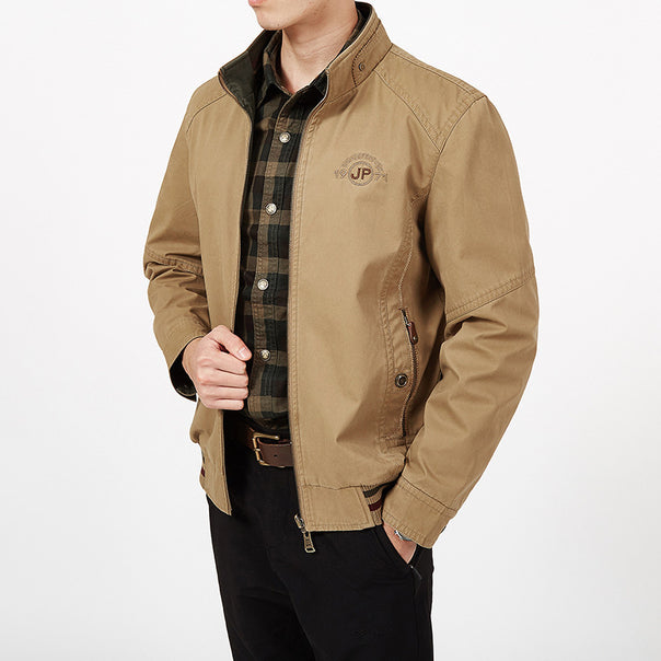 Men's transitional field jacket made of waxed canvas with stand-up collar and concealed zipper Mune Fashion