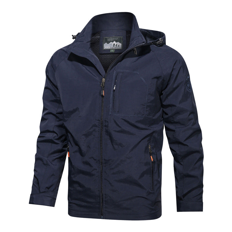 Men's lightweight technical transition jacket with hood, chest organizer pocket, and concealed zippers Mune Fashion