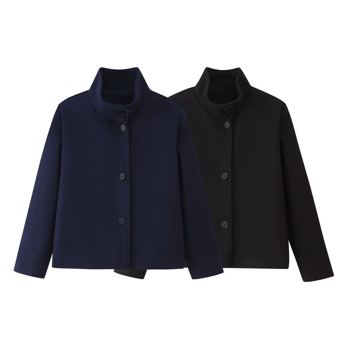 Women Short Boxy Jacket with Stand-Up Collar and Full Button Placket Mune Fashion