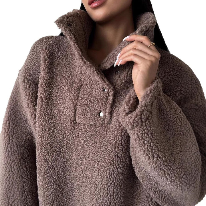 Women Oversized Teddy Sweater with Half Snap Placket and Stand Collar Mune Fashion