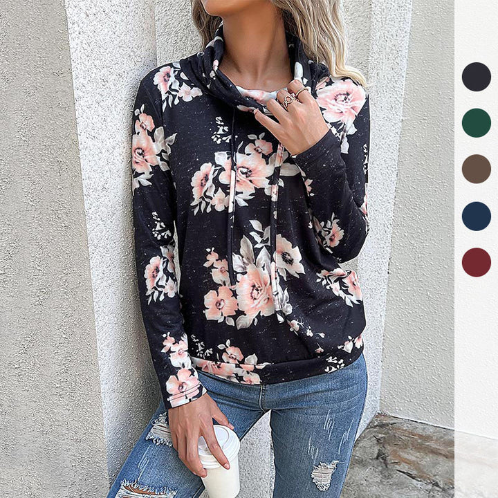 Women's Funnel Neck Sweatshirt with Floral Allover Print and Drawstring Mune Fashion