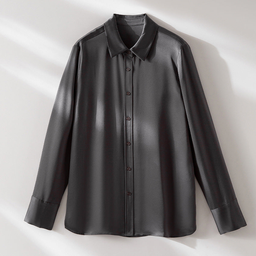 Women's Silk Look Blouse with Shirt Collar, Concealed Button Placket and Extended Cuff Detail Mune Fashion