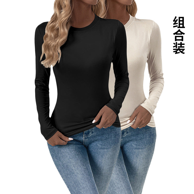 Women Tight-Fitting Long Sleeve Shirt with Round Neck and Stretch Basic Mune Fashion
