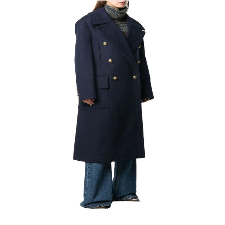 Women’s navy-inspired double-breasted long coat made of wool blend with oversized lapels Mune Fashion